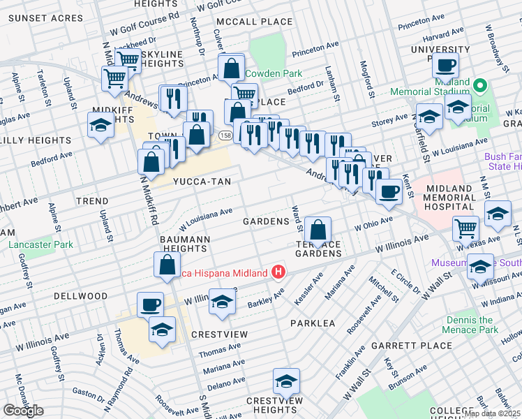map of restaurants, bars, coffee shops, grocery stores, and more near 3007 West Louisiana Avenue in Midland