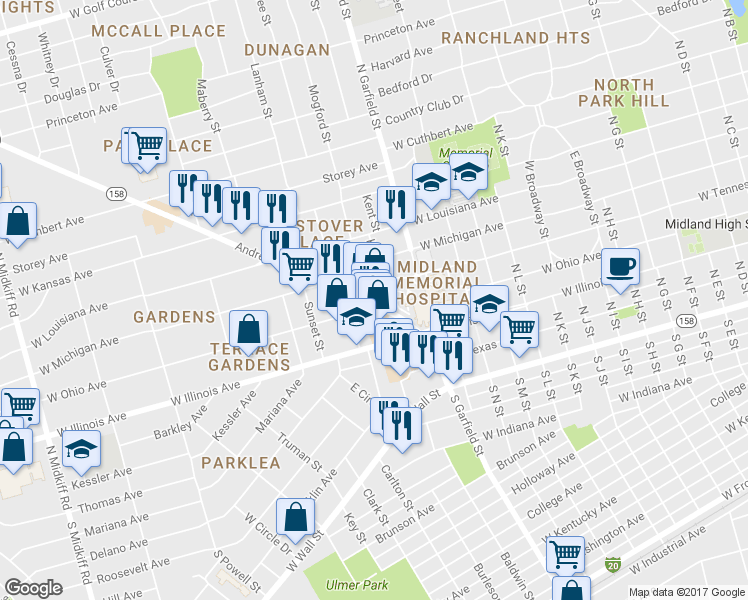 map of restaurants, bars, coffee shops, grocery stores, and more near 406 Andrews Highway in Midland