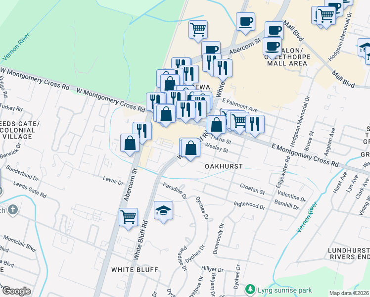 map of restaurants, bars, coffee shops, grocery stores, and more near 8900 White Bluff Road in Savannah