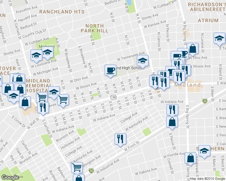 map of restaurants, bars, coffee shops, grocery stores, and more near 111 North F Street in Midland