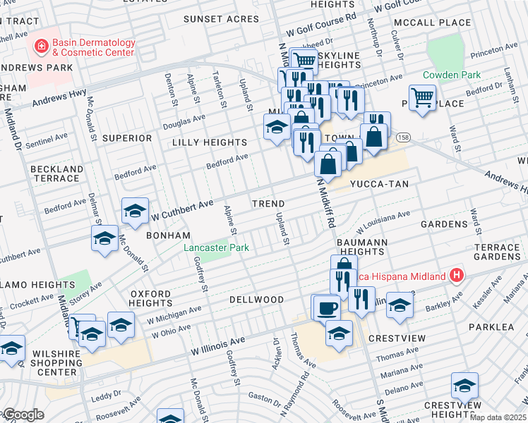 map of restaurants, bars, coffee shops, grocery stores, and more near 3407 Storey Avenue in Midland