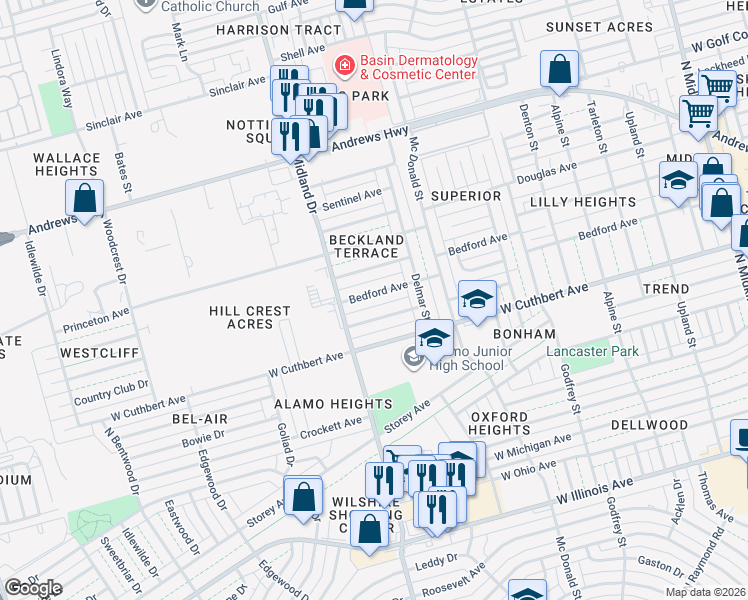 map of restaurants, bars, coffee shops, grocery stores, and more near 4315 Bedford Avenue in Midland