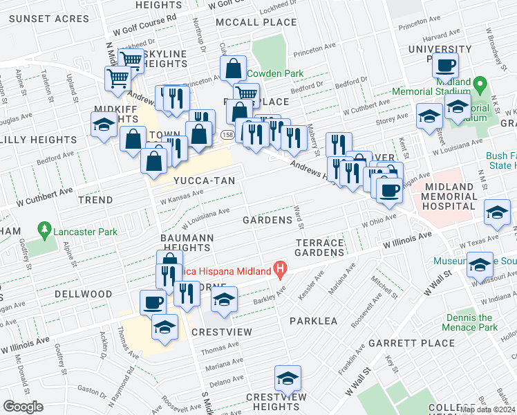 map of restaurants, bars, coffee shops, grocery stores, and more near 3007 West Louisiana Avenue in Midland