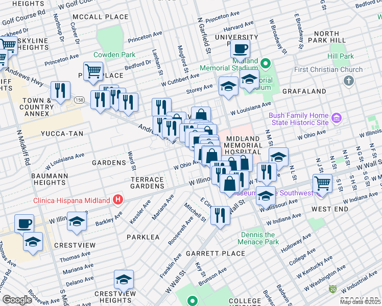 map of restaurants, bars, coffee shops, grocery stores, and more near 423 Andrews Highway in Midland
