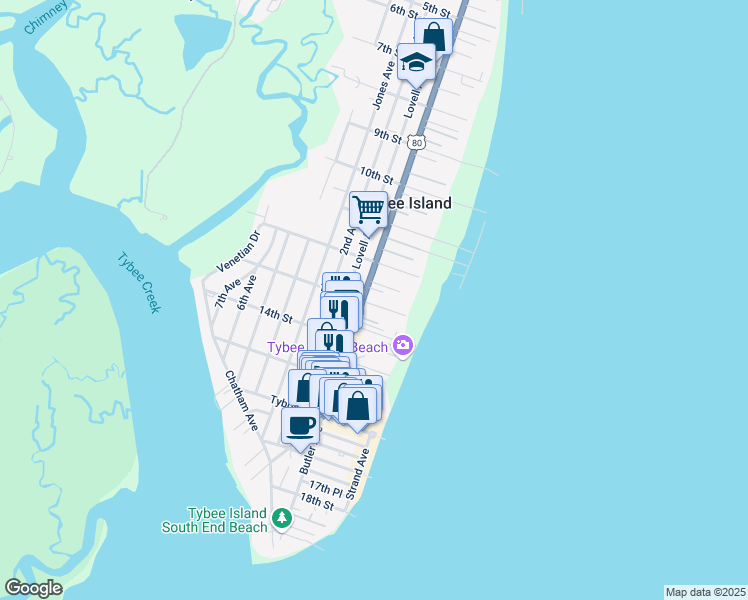 map of restaurants, bars, coffee shops, grocery stores, and more near 14 13th Street in Tybee Island