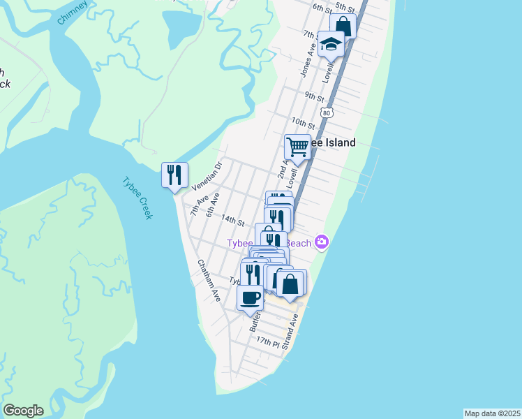 map of restaurants, bars, coffee shops, grocery stores, and more near 1306 Jones Avenue in Tybee Island