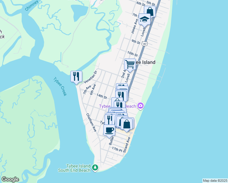 map of restaurants, bars, coffee shops, grocery stores, and more near 1306 Jones Avenue in Tybee Island