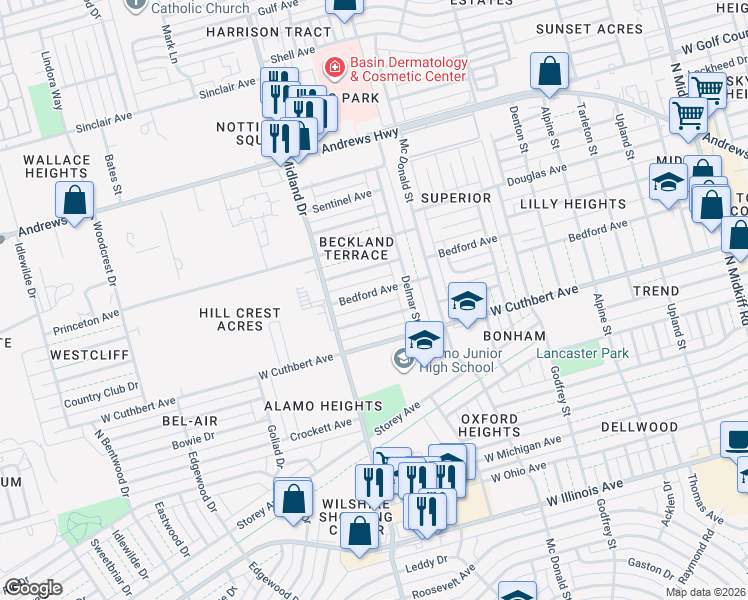 map of restaurants, bars, coffee shops, grocery stores, and more near 4315 Bedford Avenue in Midland