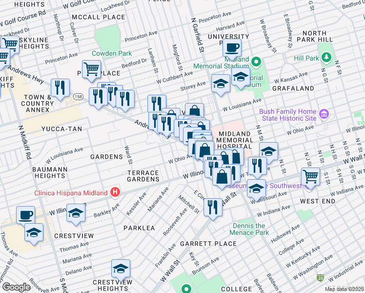 map of restaurants, bars, coffee shops, grocery stores, and more near 423 Andrews Hwy in Midland