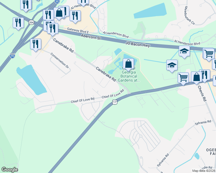 map of restaurants, bars, coffee shops, grocery stores, and more near 113 Shady Grove Lane in Savannah