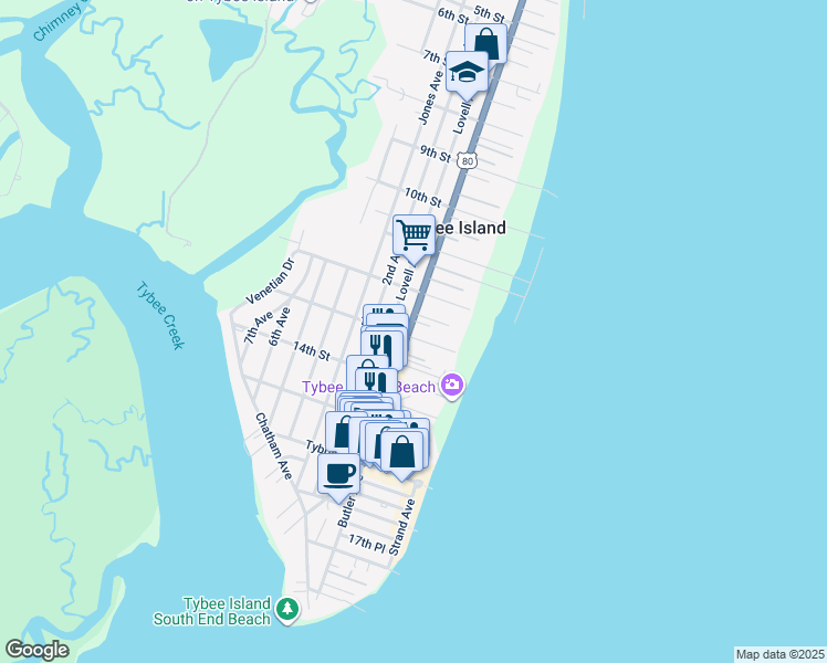 map of restaurants, bars, coffee shops, grocery stores, and more near 14 13th Street in Tybee Island