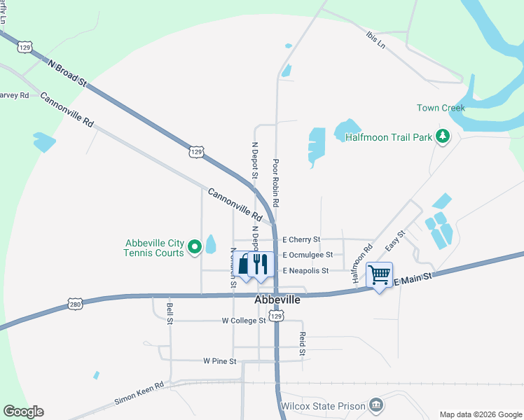 map of restaurants, bars, coffee shops, grocery stores, and more near 615 North Depot Street in Abbeville