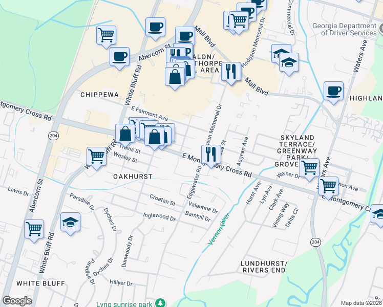 map of restaurants, bars, coffee shops, grocery stores, and more near 231 East Montgomery Cross Road in Savannah