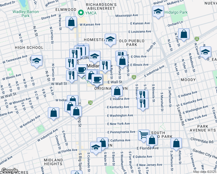 map of restaurants, bars, coffee shops, grocery stores, and more near in Midland