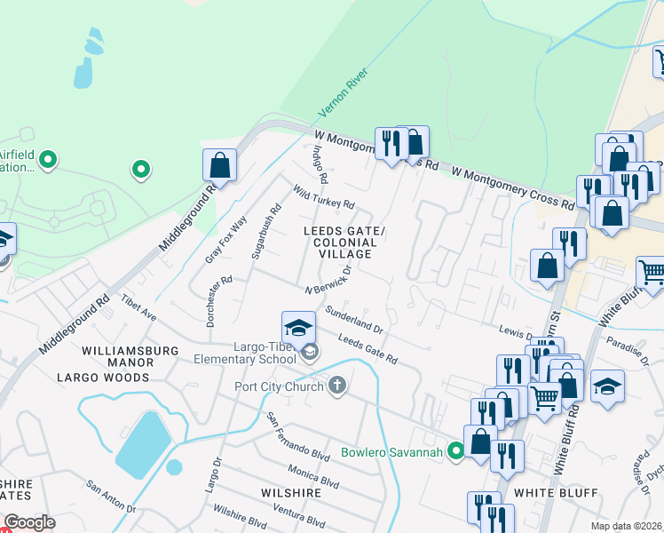 map of restaurants, bars, coffee shops, grocery stores, and more near 7 North Berwick Drive in Savannah