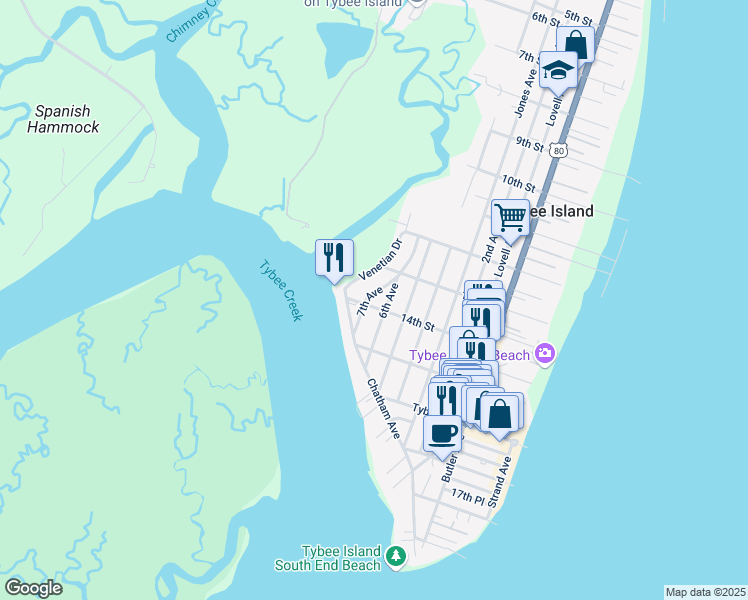 map of restaurants, bars, coffee shops, grocery stores, and more near 1401 6th Avenue in Tybee Island