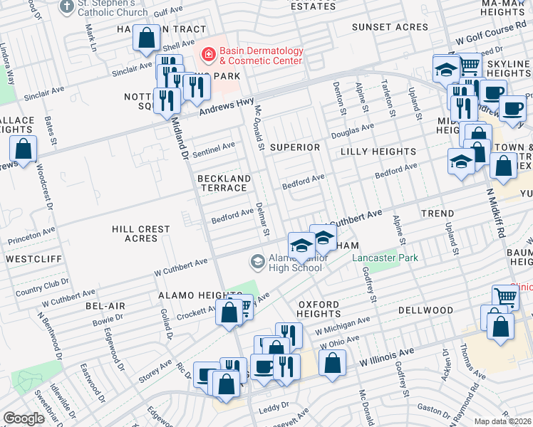 map of restaurants, bars, coffee shops, grocery stores, and more near 4300-4302 Country Club Drive in Midland