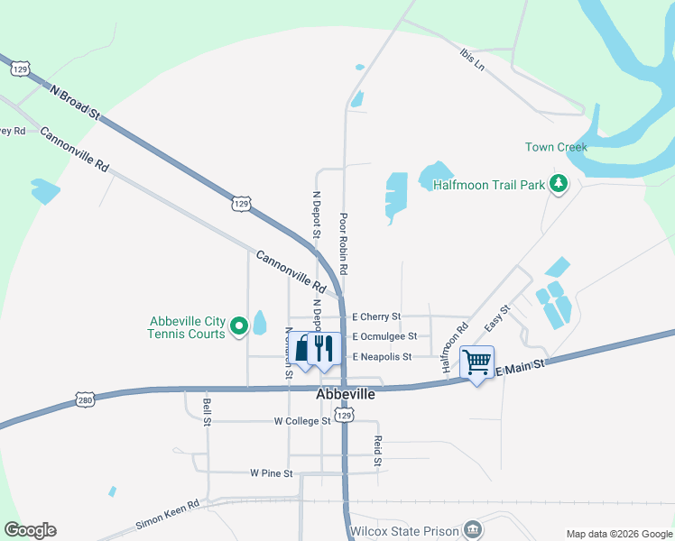 map of restaurants, bars, coffee shops, grocery stores, and more near 615 North Depot Street in Abbeville