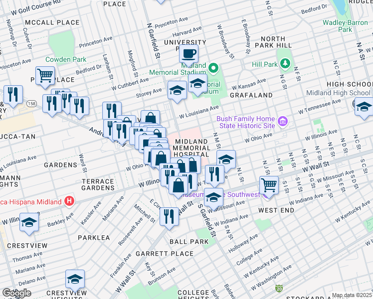map of restaurants, bars, coffee shops, grocery stores, and more near 2200 West Illinois Avenue in Midland