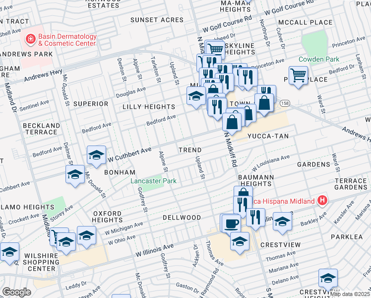 map of restaurants, bars, coffee shops, grocery stores, and more near 3407 Storey Avenue in Midland
