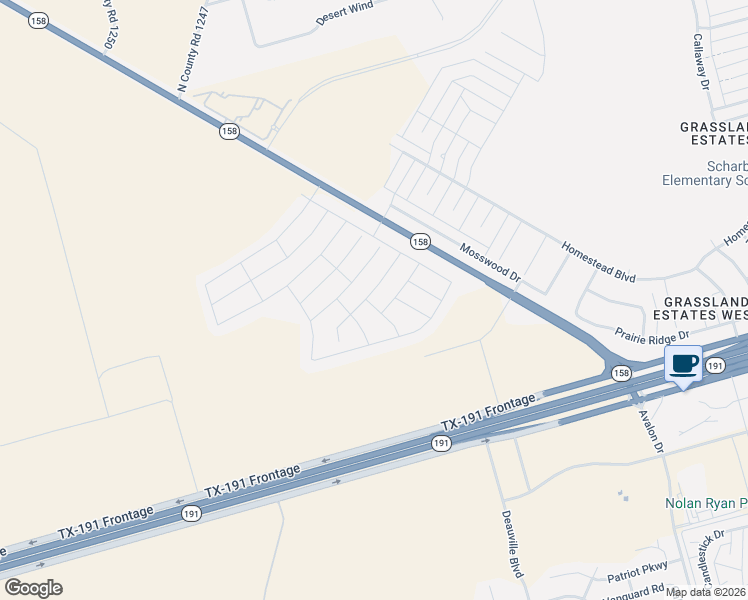 map of restaurants, bars, coffee shops, grocery stores, and more near Highway 158 in Midland