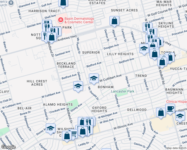 map of restaurants, bars, coffee shops, grocery stores, and more near 1000-1002 Dunbar Street in Midland