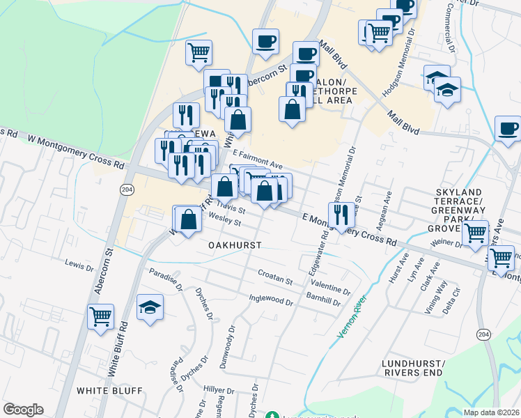 map of restaurants, bars, coffee shops, grocery stores, and more near 149 East Montgomery Cross Road in Savannah