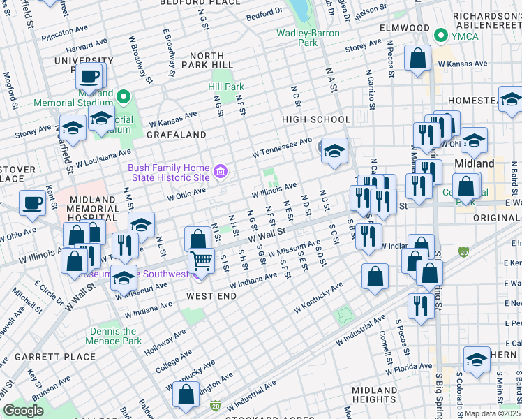 map of restaurants, bars, coffee shops, grocery stores, and more near 111 North F Street in Midland