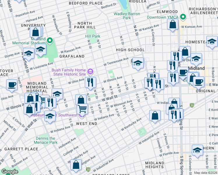 map of restaurants, bars, coffee shops, grocery stores, and more near 111 North F Street in Midland