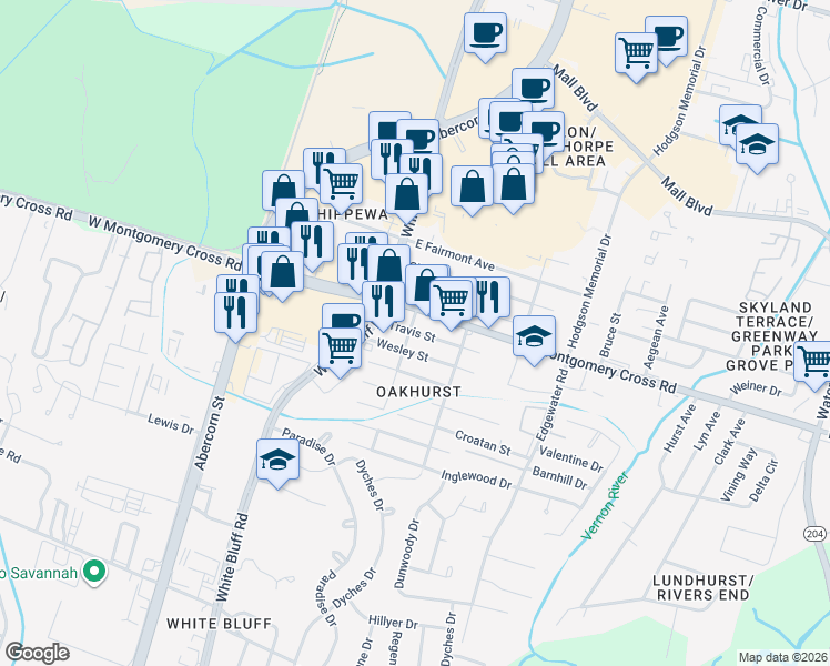 map of restaurants, bars, coffee shops, grocery stores, and more near 27 Wesley Street in Savannah