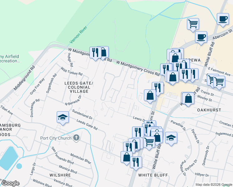 map of restaurants, bars, coffee shops, grocery stores, and more near 205 West Montgomery Cross Road in Savannah