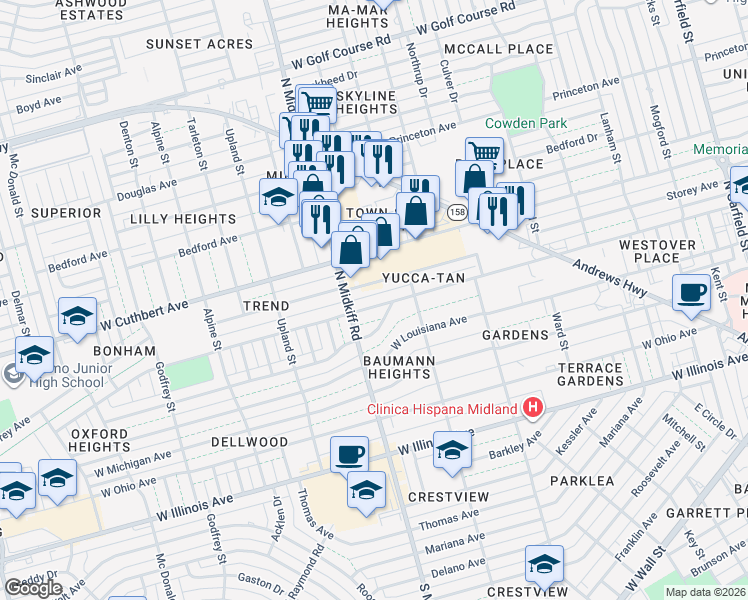 map of restaurants, bars, coffee shops, grocery stores, and more near 3207 West Cuthbert Avenue in Midland