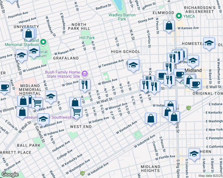 map of restaurants, bars, coffee shops, grocery stores, and more near 1107 West Illinois Avenue in Midland