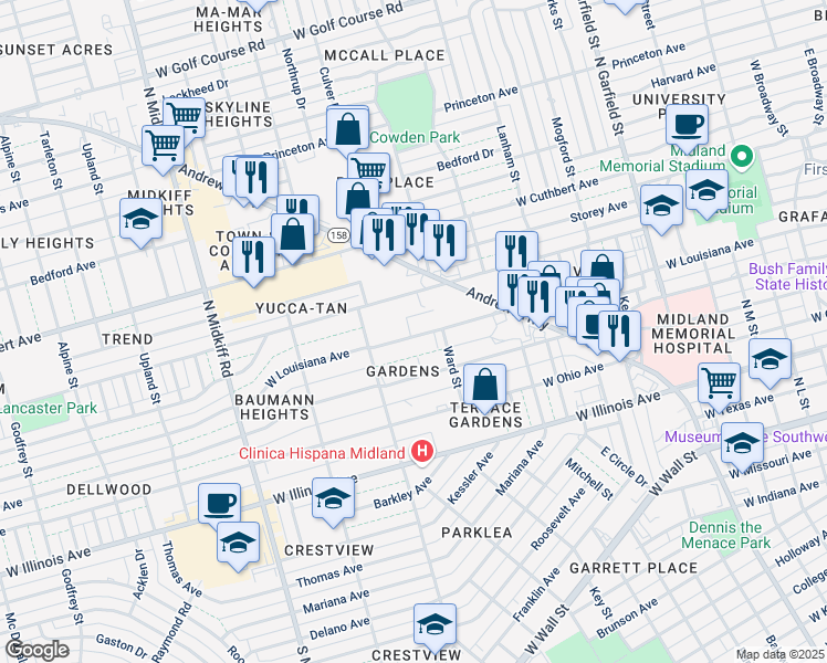 map of restaurants, bars, coffee shops, grocery stores, and more near 2901 West Kansas Avenue in Midland