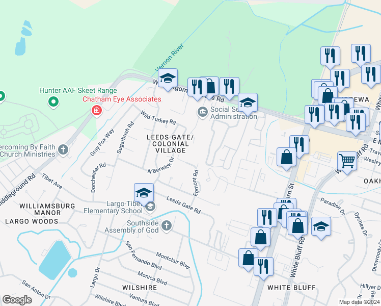 map of restaurants, bars, coffee shops, grocery stores, and more near 10700-10704 Egmont Rd in Savannah