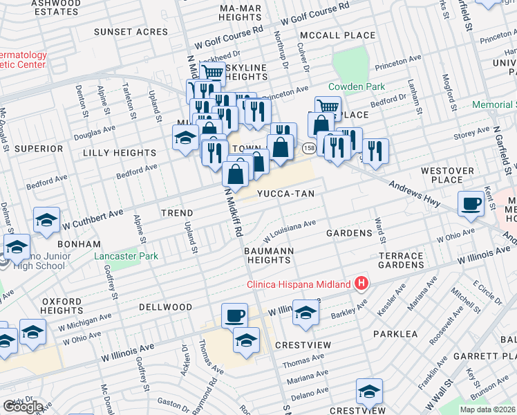 map of restaurants, bars, coffee shops, grocery stores, and more near 3205 Storey Avenue in Midland