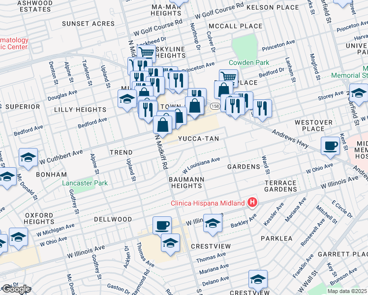 map of restaurants, bars, coffee shops, grocery stores, and more near 3205 Storey Avenue in Midland