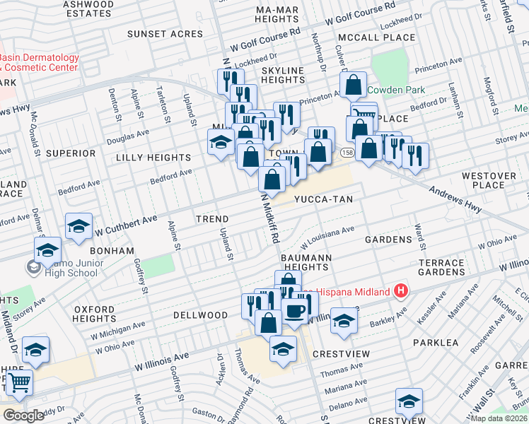 map of restaurants, bars, coffee shops, grocery stores, and more near 3300 Storey Avenue in Midland