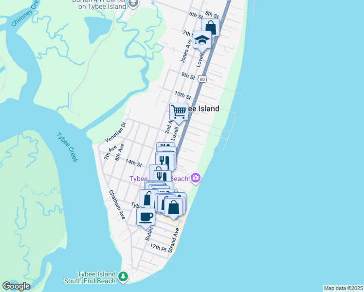 map of restaurants, bars, coffee shops, grocery stores, and more near 1201 U.S. 80 in Tybee Island