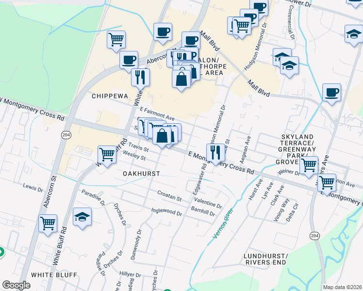 map of restaurants, bars, coffee shops, grocery stores, and more near 127 Chippewa Drive in Savannah