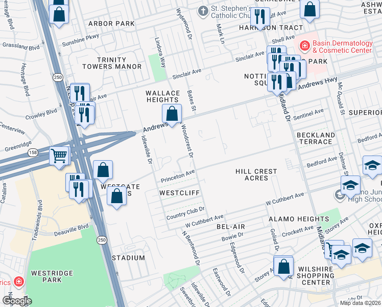 map of restaurants, bars, coffee shops, grocery stores, and more near 1490 Woodcrest Dr in Midland