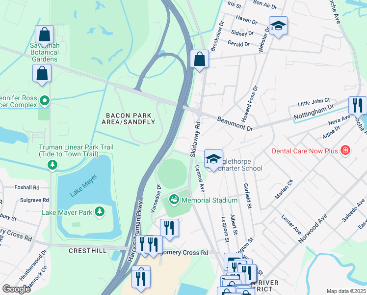 map of restaurants, bars, coffee shops, grocery stores, and more near 100 Eisenberg Drive in Savannah