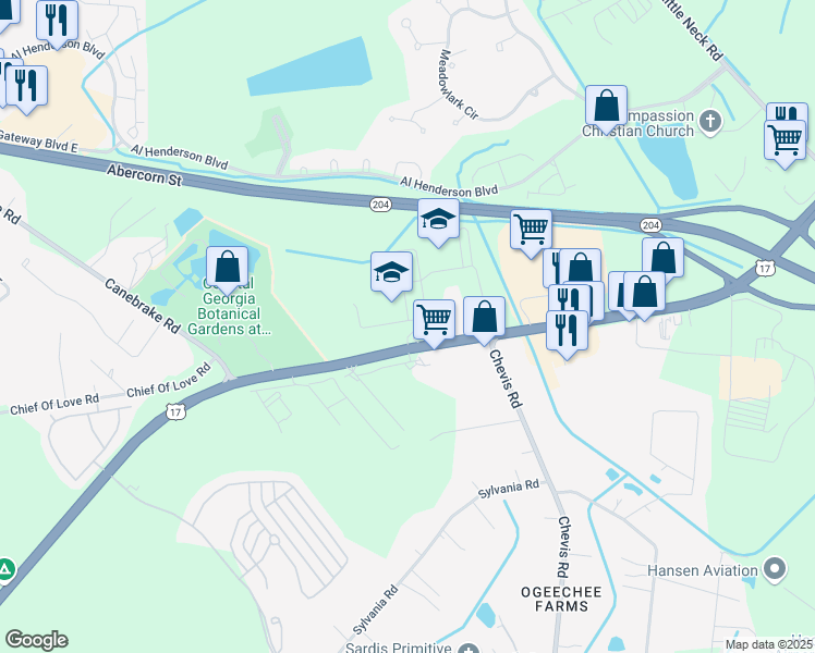 map of restaurants, bars, coffee shops, grocery stores, and more near 6030 Ogeechee Road in Savannah