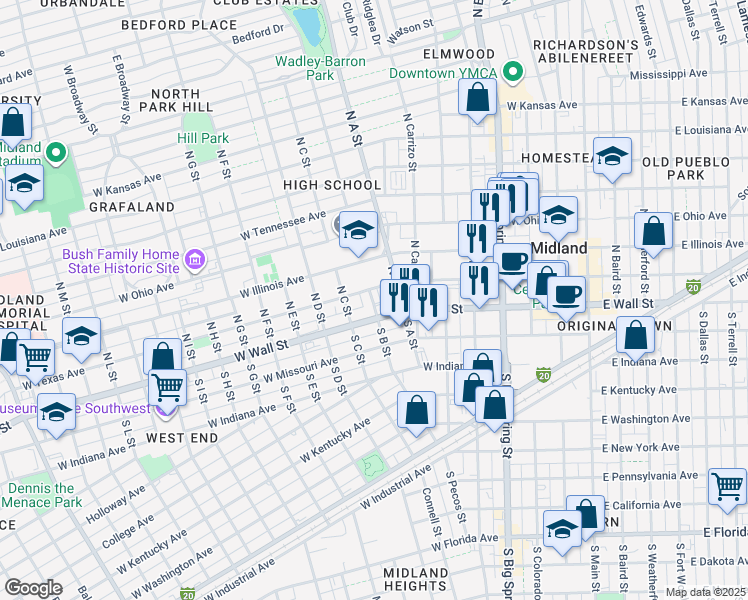 map of restaurants, bars, coffee shops, grocery stores, and more near 901 West Texas Avenue in Midland