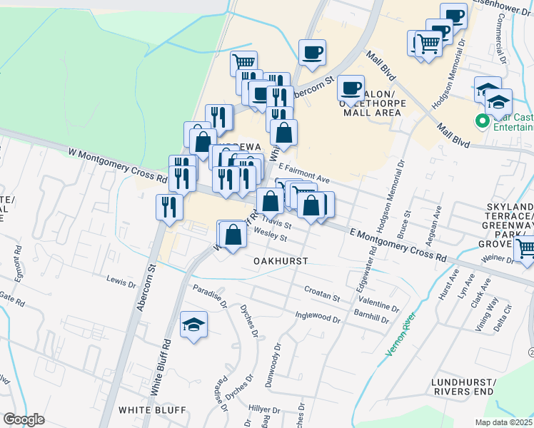 map of restaurants, bars, coffee shops, grocery stores, and more near in Savannah