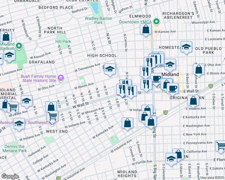 map of restaurants, bars, coffee shops, grocery stores, and more near 901 West Texas Avenue in Midland