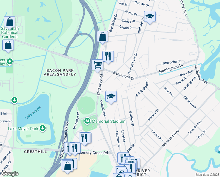 map of restaurants, bars, coffee shops, grocery stores, and more near 5 Malibou Circle in Savannah