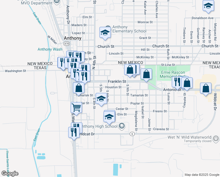 map of restaurants, bars, coffee shops, grocery stores, and more near 609 Houston Street in Anthony
