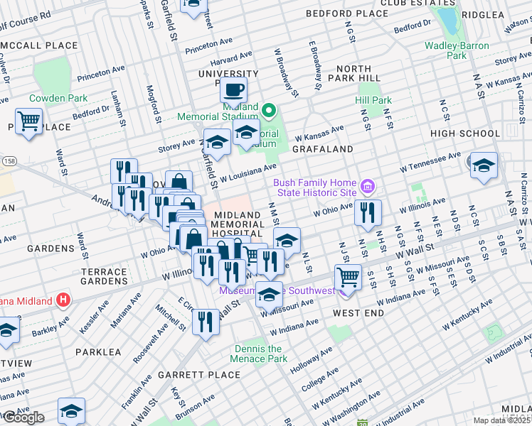 map of restaurants, bars, coffee shops, grocery stores, and more near 2003 West Tennessee Avenue in Midland