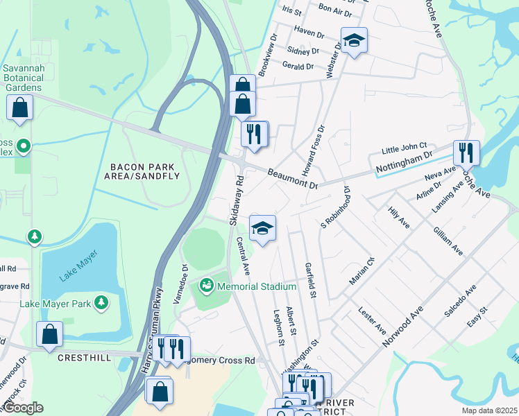 map of restaurants, bars, coffee shops, grocery stores, and more near 5 Malibou Circle in Savannah
